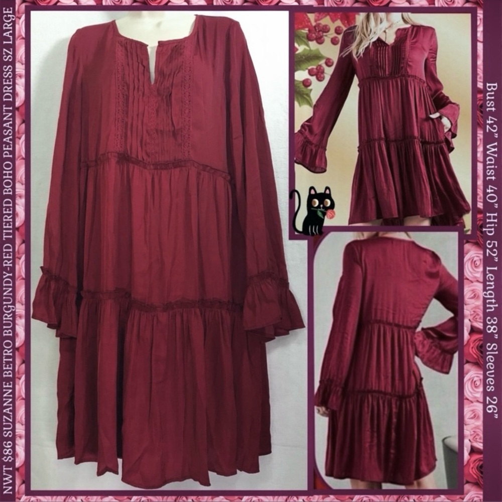 NWT $86 L MAROON SUZANNE BETRO DRESS BOHEMIAN PEASANT AESTHETIC